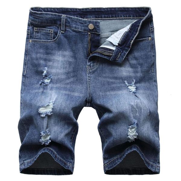 

men's jeans blue denim shorts summer holes ripped stretch knee length breeches