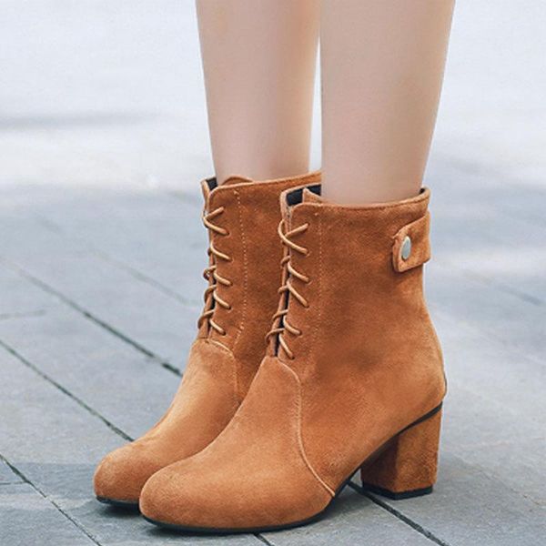 

boots 2021 fashion frosted velvet autumn and winter lace up ankle with thick heel women british knight shoes black booties