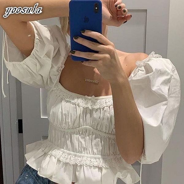 

women's t-shirt yoosula summer women pleated loose t-shirts ruffles puff sleeve crop slim female short soft knitted fabric tees harajuk, White