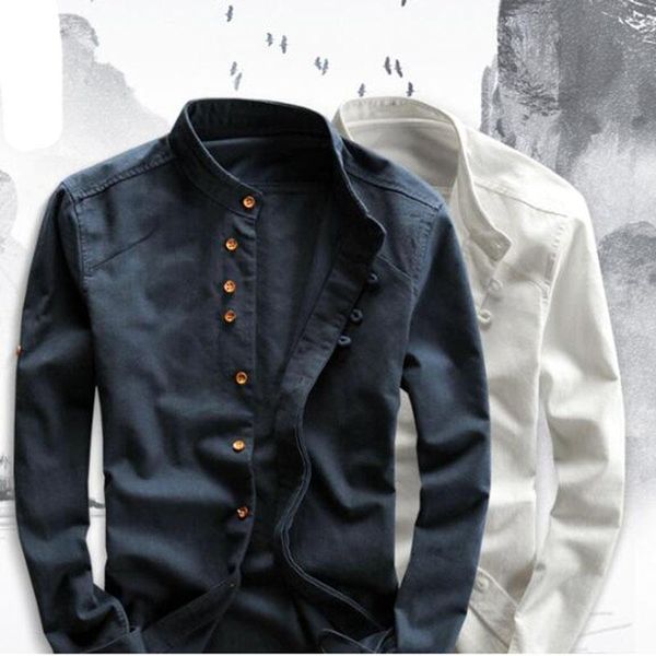 

men's casual shirts cotton linen long sleeve men slim mandarin collar summer beach shirt plus size 6xl, White;black