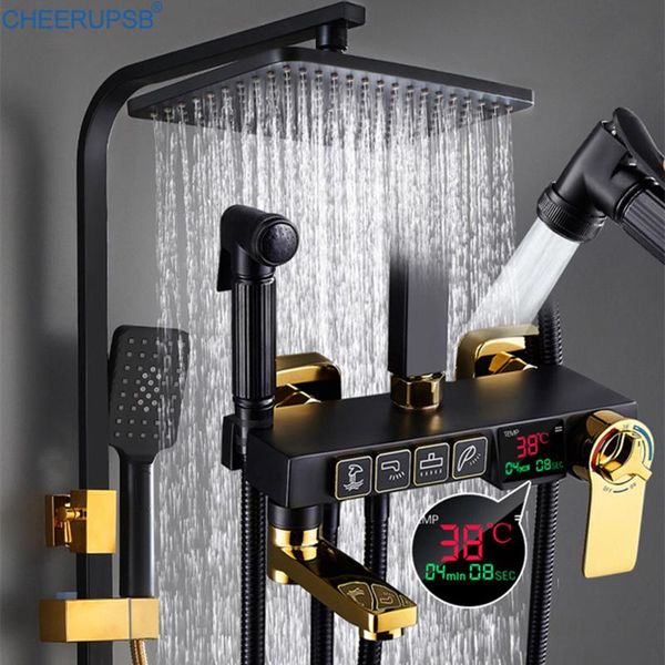 

digital shower set bathroom smart thermostatic system wall mount cold mixer bath faucet spa rain fall brass black tap sets