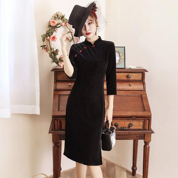 

ethnic clothing chinese style women cheongsam elegant modern ladies evening party qipao dress nodle long sleeve autumn plus size vestid, Red