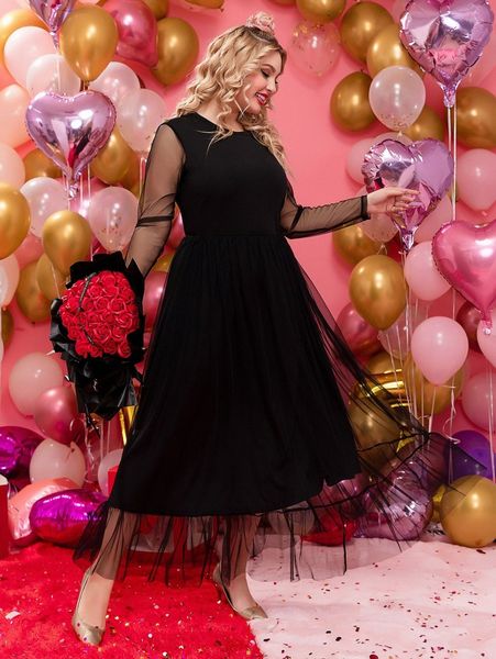 

plus ruffle hem mesh dress c4ov#, Black
