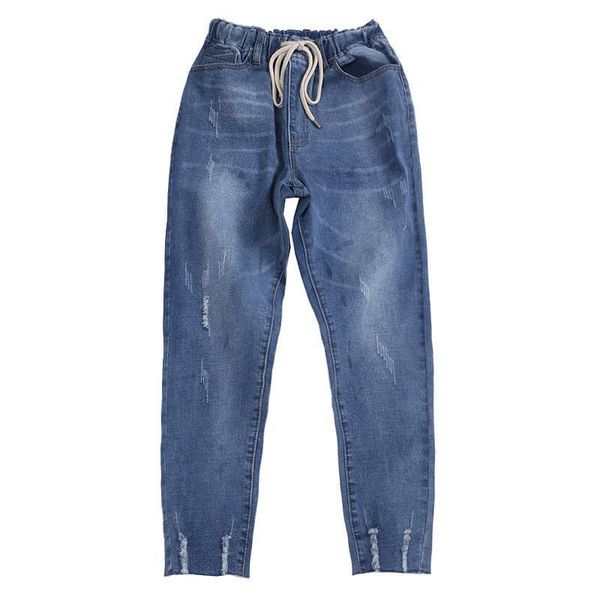 

cropped denim plus size women jean style elastic waist l 8xl europe and america thin loose harem, Blue