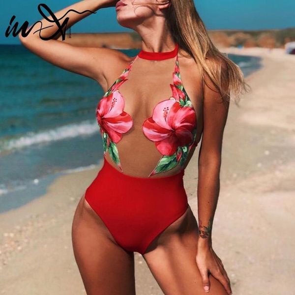 

women's swimwear in-x flower monokini mesh transparent bikini high cut swimsuit female bathing suit red women one-piece suits zdp8, White;black