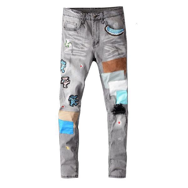 

men's jeans original male brand denim pants tall street slacks torn gray hole thin blue elastic jeans 651 zd61