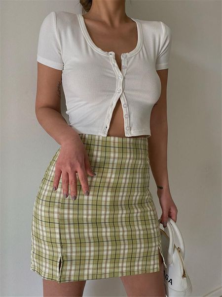 

skirts summer plaid pencil womens high waist split mini lining with shorts streetwear vintage skirt, Black