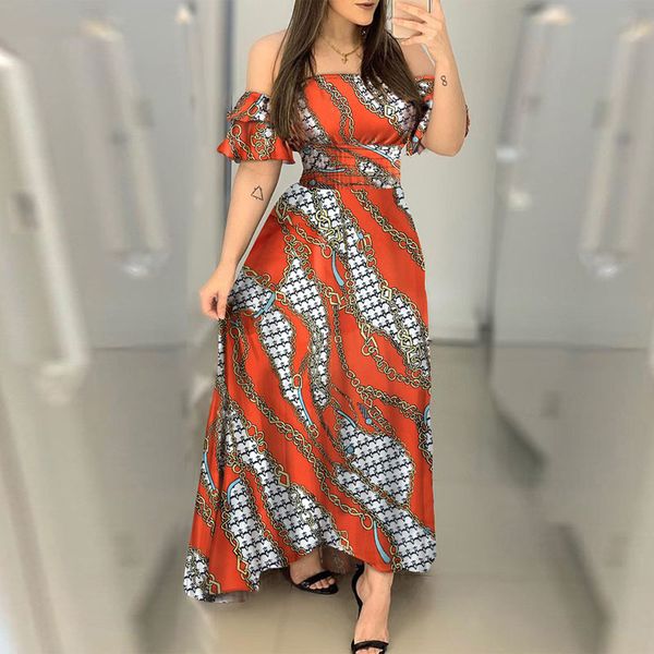 

women off shoulder chains print shirring design ruffles maxi dress elegant party dress celebrity evening party dress x0521, Black;gray