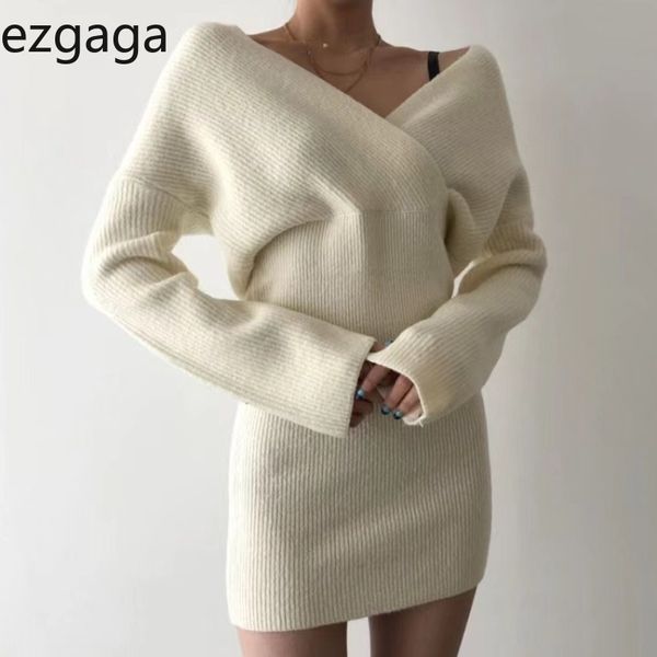 Ezgaga elegante mulheres chique malha camisola vestido v-pescoço criss-cruz off ombro senhoras bodycon vestido sexy senhoras sólidas vestidos 210430