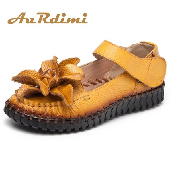 

handmade flowers genuine leather sandals women shoes casual flat vintage summer mother, Black