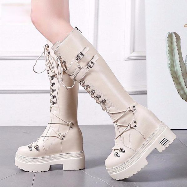 

boots 10cm heel motorcycle black knee high punk cosplay fashion goth wedges platform heels women shoes