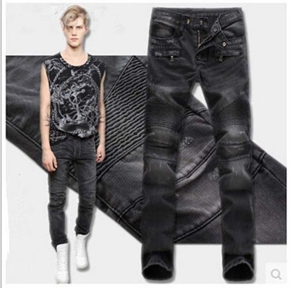 

mens casual vintage biker jeans denim pants draped hiphop washed high quality, Blue