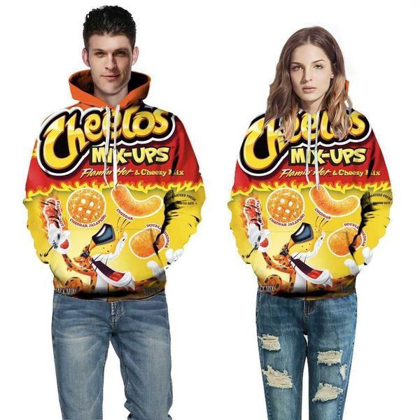 

fashion hoodies digital women's long sleeve hood 3d printing cheetos sweater casual loose lovers wear, Black
