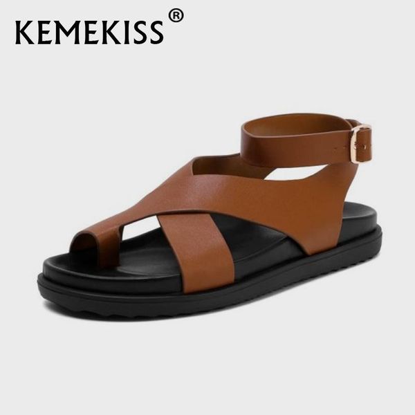 

sandals kemekiss gladiator women real leather shoes flat heel clip toe buckle strap casual classics footwear size 34-39, Black