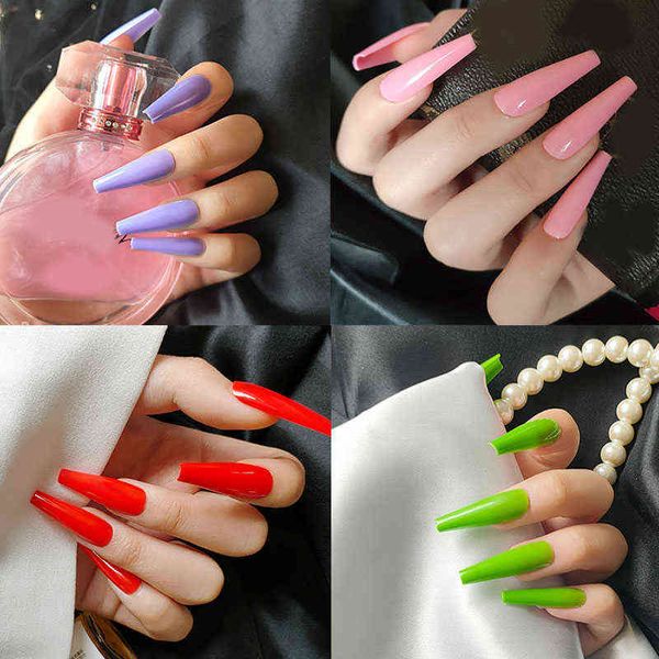 Unghie false Solid Colorful Colorful Cover Piena Cover Acrilico Fake Nail Long Bara French Artificial False Press On S Manicure Estensione 220225