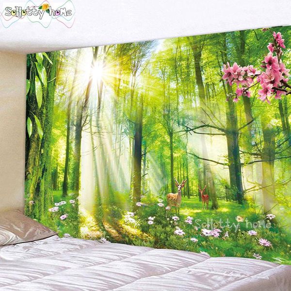 

tapestries fantasy scenery bohemian wall tapestry forest sunshine fawn flowers mandala carpet home living decor space beach mat