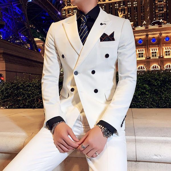 

men's suits & blazers suit british fashion slim bridegroom wedding dress double breasted three piece, White;black