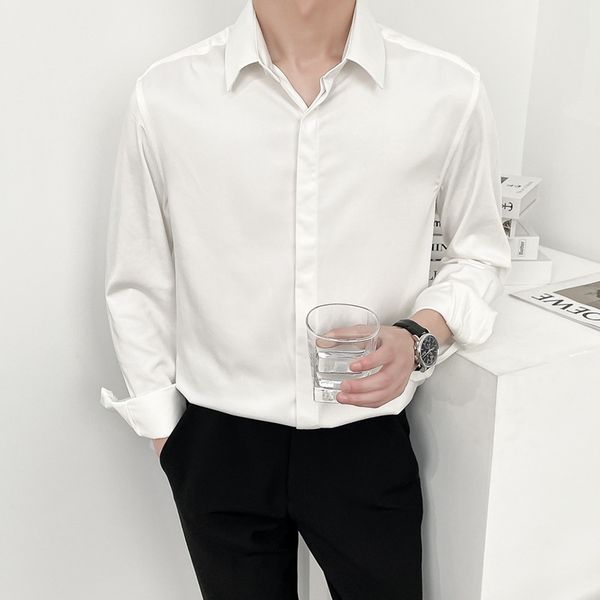 

men's long sleeve summer light mature style men's dress korean slim fit thin business no iron hanging high sense shirt, White;black