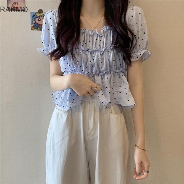 

women's pants & capris french polka dot bubble sleeve short shirt design sense niche summer 2021 waist, Black;white