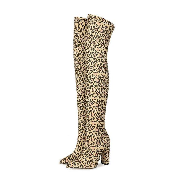 

boots spring autumn slim stretch lady thigh fashion leopard print slip on long winter square high heel women's shoes, Black