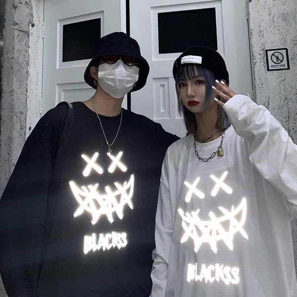 

men's t-shirts smiles print t shirt japan harajuku men women funny long sleeve loose reflective hip hop tshirt streetwear, White;black