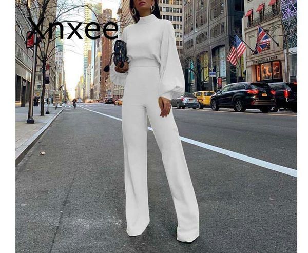 

women's jumpsuits & rompers high street spring and summer half-high collar lantern sleeves simple elegant ol wind jumpsuit fashion temp, Black;white