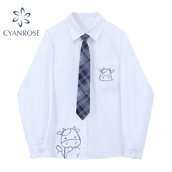 

cow print white cardigan blouses with tie long sleeve streetwear oversized preppy style shirts harajuku casual boyfriend rok 210417