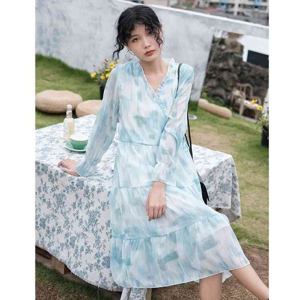

casual dresses blue chiffon long wrap women a line midi summer ruffle v neck sleeve flowy mori girl u7hg, Black;gray