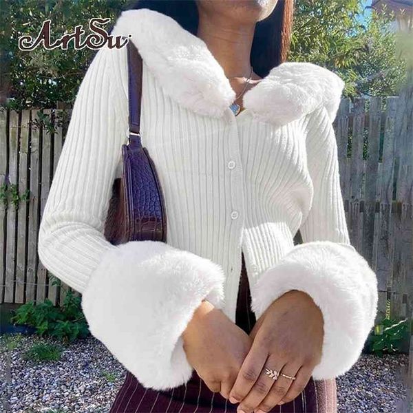 ARTSU Cardigan a maglia a costine ARTSU Maglioni con la pelliccia del colletto a maniche lunghe Slim Autumn Winter Jumber Winter Women Knitwear Chic 4 210917