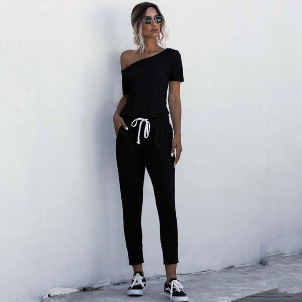

20112021 summer one piece jumpsuits women one shoulder black overalls women long jumpsuit female romper overalls for women, Black;white