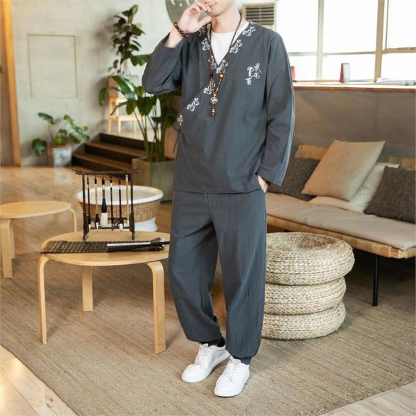 

men's tracksuits -5xl japanese streetwear kimono shirt + pants 2pcs set men hip hop loose fit spring linen tracksuit clothing xxxxxl, Gray