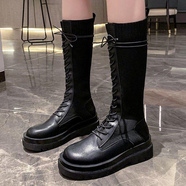 

boots 2021 autumn women elastic microfiber shoes for platform thick soles female long knee high fashion, Black