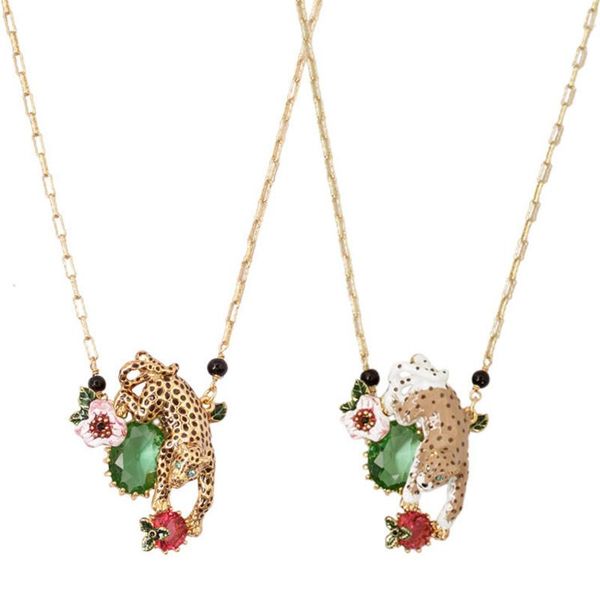 

european and american hand-painted enamel glaze pink flower necklace personality hollow leopard drip clavicle chain female pendant necklaces, Silver