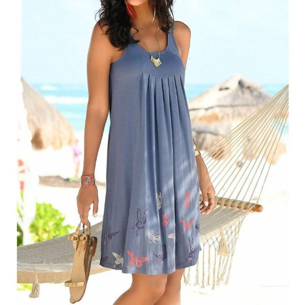 

summer female print butterfly sleeveless casual loose wl22 beach dress, Black;gray