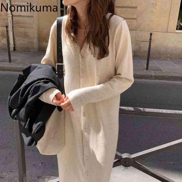 

nomikuma autumn winter korean women sweater dress single breasted long sleeve knitted dresses new straight vestidos 6c813 210427, Black;gray