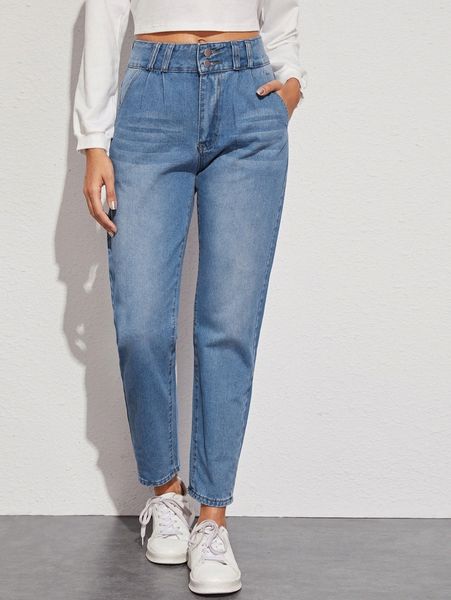 

bleach wash high-rise straight leg jeans y7vg#, Blue