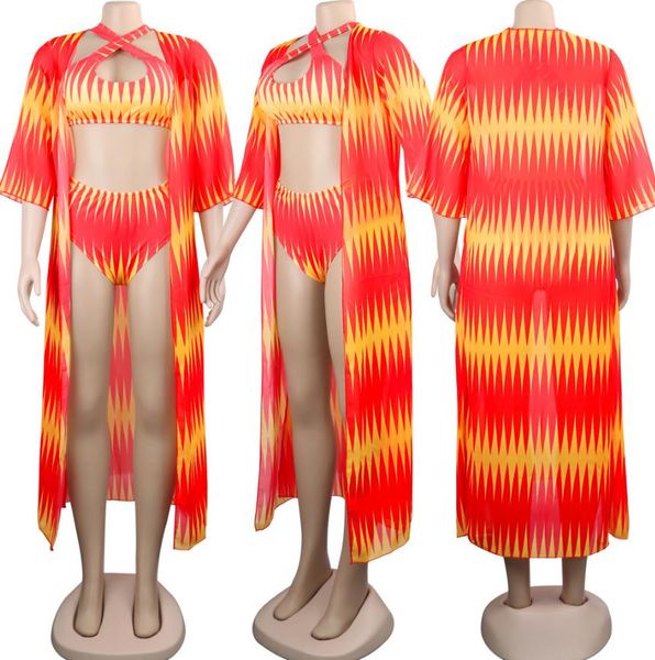 

women's printed 3 pieces high waist bikini swimsuit maxi cover up swimwear with rash guards beach kimono bathing suit red blue s-xl, White;black