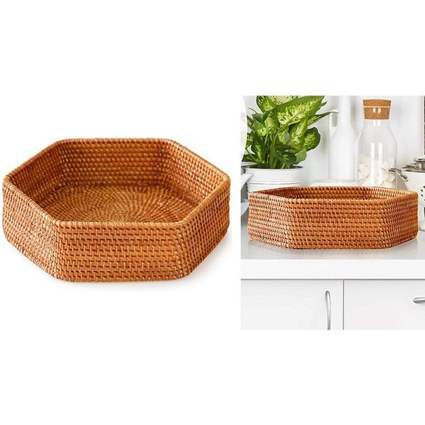 

hexagonal decorative rattan wicker woven tray basket, for coffee table and ottoman decor, or living bathroom kitchen storage & organization
