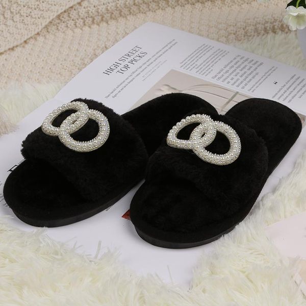 

slippers ginchasio women faux fur fluffy winter short plush pearls string bead fuzzy cozy bedroom home furry, Black