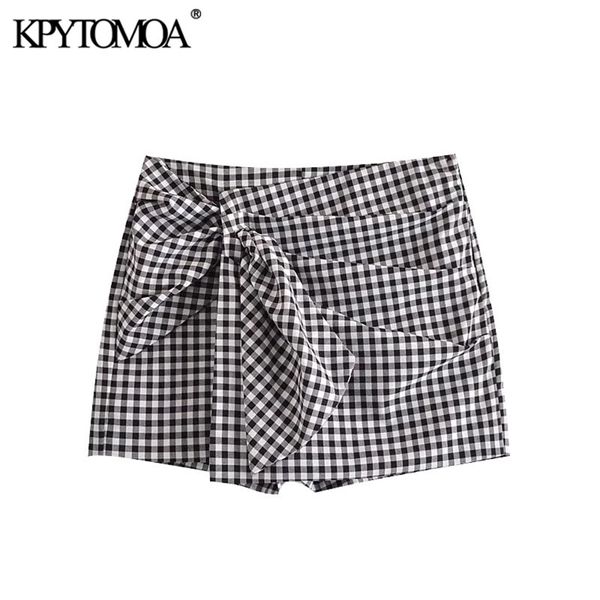 KPytomoa mulheres chique moda com nó plissado xadrez shorts saias vintage alta cintura zíper feminino skort mujer 210719