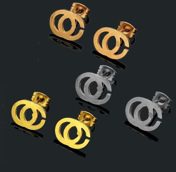 

never fade hollow letter 3 colors metal studs for women 316l stainless steel punk small design polished earrings brincos geometric jewelry w, Golden;silver