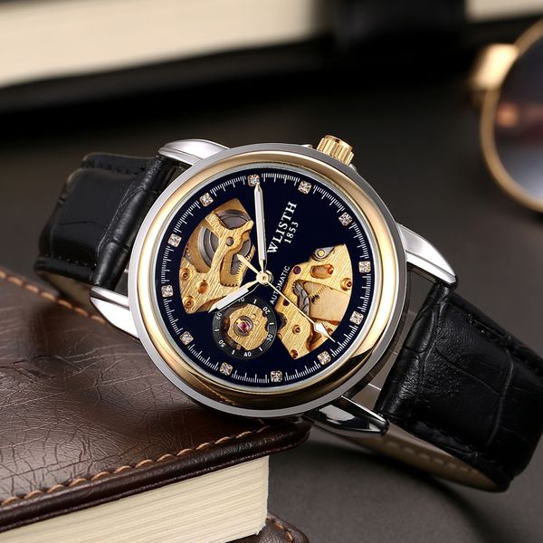 

6 colors mechanical automatic 2813 skeleton movement leather strap mens sport watches stainless steel wristwatches, Slivery;brown