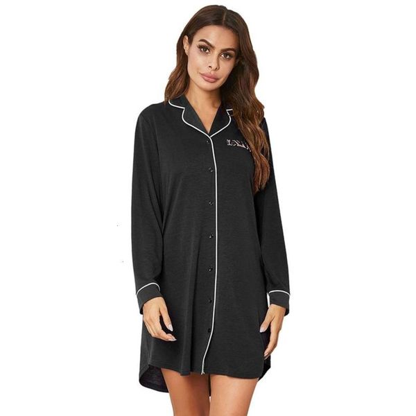 

women's sleepwear ladies nightdress lapel long-sleeved home service solid color cotton plus size soft brerathable casual nightgown for, Black;red