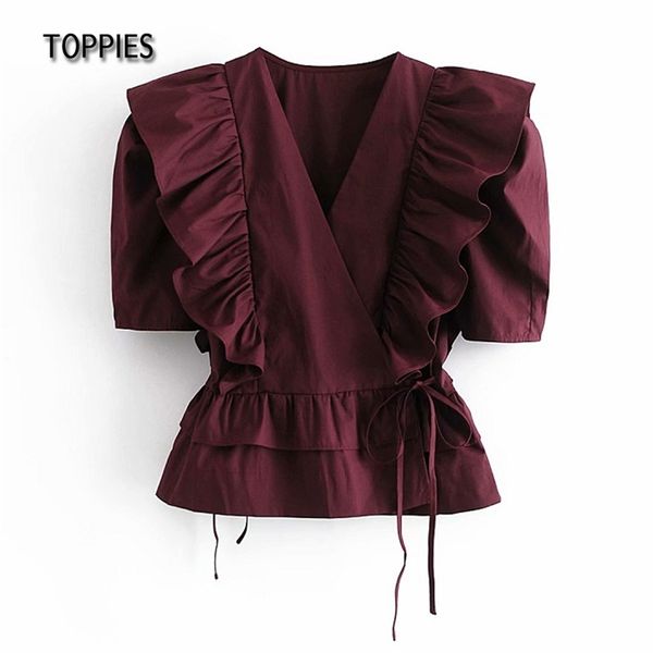 Doce Lolita Cascading Ruffles Blusas Tops Mulheres Buff Manga Verão V-Pescoço Peplum Cintura 210421