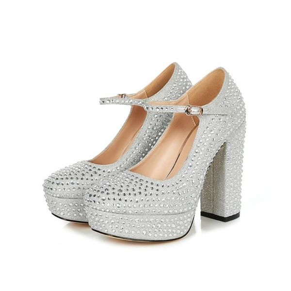 

dress shoes womens rhinestones crystal bling platform round toe real leather super block high heel plus size sliver, Black