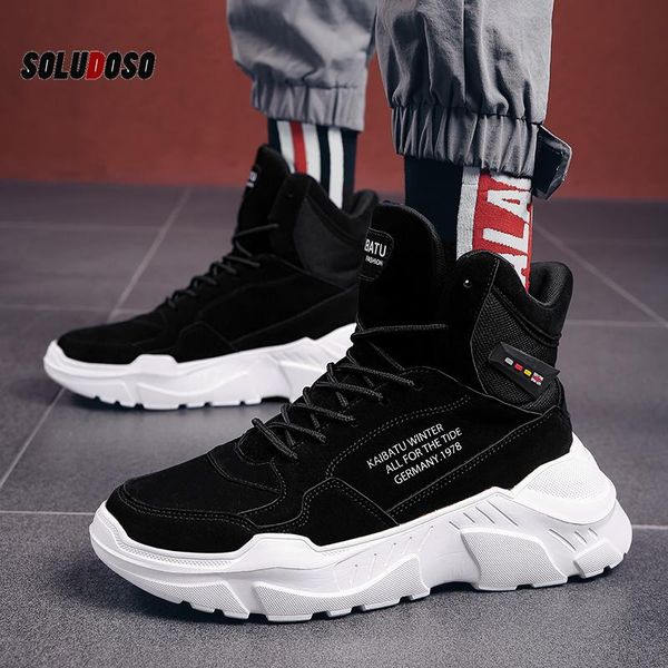 

boots snow autumn winter men casual ankle leather lace-up shoes platform sneakers botas hombre, Black