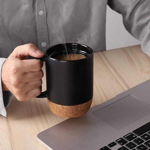 Tassen Keramik-Becher mit Korkboden und Deckel, Kaffeetasse, Wärmedämmung, Milch