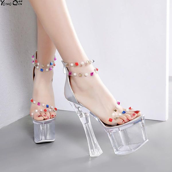 

super high heel thick women sandals transparent crystal rivets shoes, Black