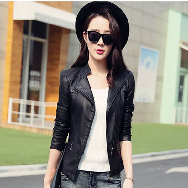 

2021 spring and autumn wear short black thin locomotive pu women's small leather et, Black;brown