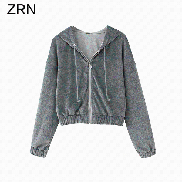 

women's hoodies & sweatshirts zrn sweatshirt zip-up autumn winter women slim crop jacket female casual hooded drawstring solid hoody ve, Black